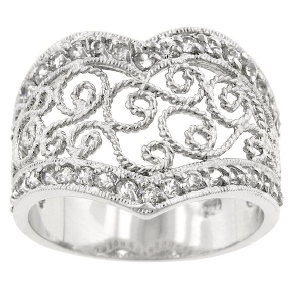 Filigree Love Heart Shaped Cz Scrolled Design Band Silver Tone Brass Ring Sz 10 - Picture 1 of 11